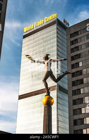 World Trade Center, Crown Plaza building and god Hermes(Mercury) statue, Moscow, January 7, 2013. Stock Photo