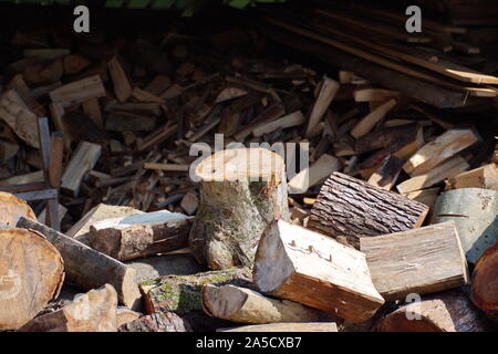 A pile of stacked firewood prepared for heating - gathering firewood for winter Stock Photo