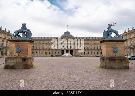 Entrance of the New Palace, Neues Schloss, in Stuttgart, Baden-Wuerttemberg, Germany, with Fountain Stock Photo