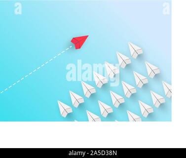 red airplane flies across the course of a group of white airplanes. Conceptual plot on the topic of business or career growth. Stock Vector