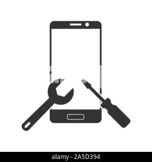 Repair or adjust the parameters of the smartphone. Simple icon. Silhouette of a smartphone with a gear, a wrench and a screwdriver. Stock Vector