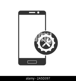 Repair or adjust the parameters of the smartphone. Simple icon. Silhouette of a smartphone with a gear, a wrench and a screwdriver. Stock Vector