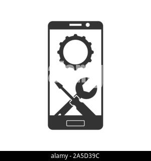 Repair or adjust the parameters of the smartphone. Simple icon. Silhouette of a smartphone with a gear, a wrench and a screwdriver. Stock Vector