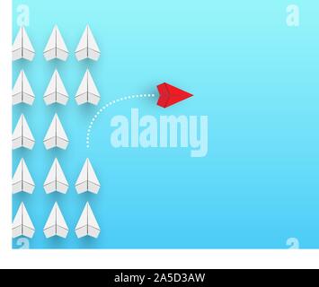 red airplane flies out of a group of white airplanes. Conceptual plot on the topic of business or career growth. Stock Vector