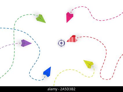 Colored paper airplanes at different distances from the target. Conceptual plot on the topic of business or career growth. Stock Vector