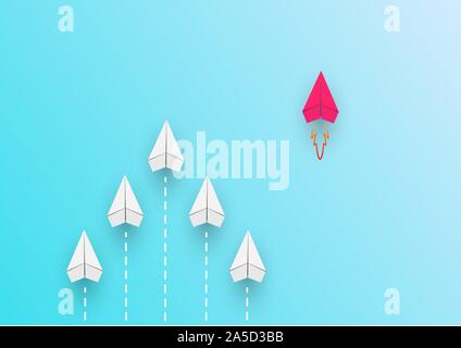 group of white planes ahead of the red plane. Conceptual plot on the topic of business or career growth. Stock Vector