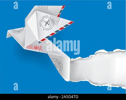 Origami pigeon ripping paper. Paper dove with stamps. Vector available. Stock Vector