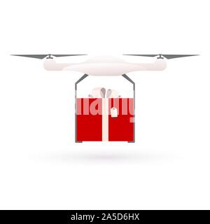 Drone flying on a white background and bears a gift, the red box. Drone Delivery Icon. Business Concept. Isolated Illustration. Drone logo vector Stock Vector