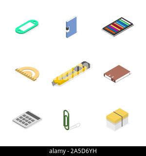 Set of icons isolated on white background, office and school. Flat 3d isometric style, vector illustration. Stock Vector