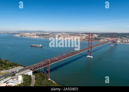 Aerial view of the 25 de Abril bridge over the river Tejo between Almada and Lisbon, Portugal, Europe