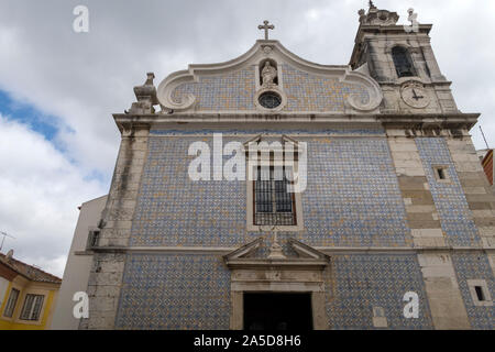 Igreja de Nossa senhora da Conceição church facade with traditional portuguese blue tiles azulejos, Seixal, Portugal, Europe Stock Photo