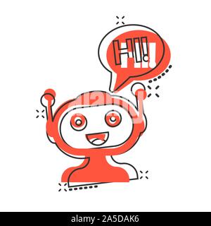 Cute robot chatbot icon in comic style. Bot operator vector cartoon illustration pictogram splash effect. Stock Vector