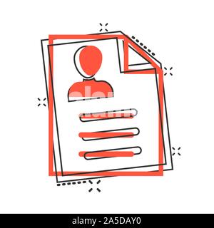 Resume icon in comic style. Contract document vector cartoon illustration pictogram splash effect. Stock Vector