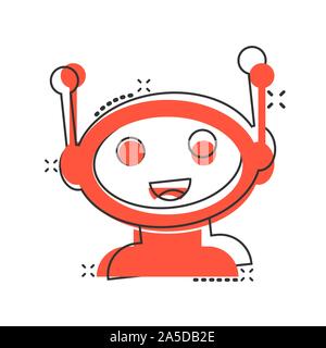Cute robot chatbot icon in comic style. Bot operator vector cartoon illustration pictogram splash effect. Stock Vector