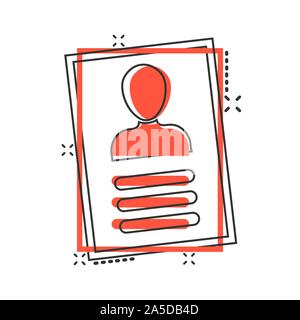 Resume icon in comic style. Contract document vector cartoon illustration pictogram splash effect. Stock Vector