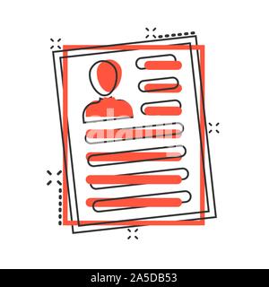 Resume icon in comic style. Contract document vector cartoon illustration pictogram splash effect. Stock Vector