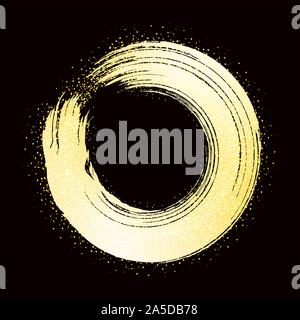 brush stroke golden round frame on black background Stock Vector