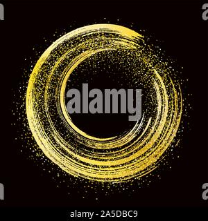 brush stroke golden round frame on black background Stock Vector