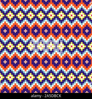 Geometric rhobmus seamless blue and orange chevron pattern pixel blocks shapes texture. Stock Vector