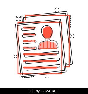 Resume icon in comic style. Contract document vector cartoon illustration pictogram splash effect. Stock Vector