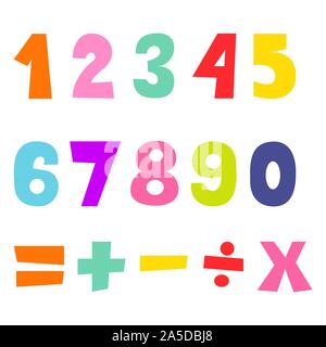 Cartoon flat kids number figures. Math signs vector for child play. Stock Vector