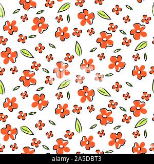Floral seamless vector pattern. Hand drawn sketched flowers retro red texture. Stock Vector