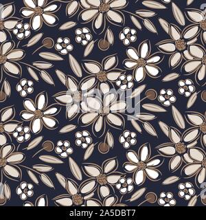 Flowers vintage handdrawn brown taupe colors seamless vector pattern. Stock Vector