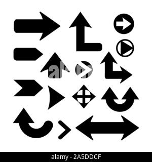 Set of vector arrows, arrow icon, pointer sign, symbol, indicator. Collection various massive, wide arrows isolated on white background Stock Vector