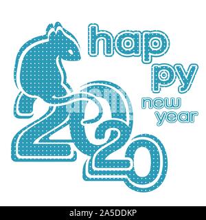Happy New Year logo, 2020 icon, symbol of the year according to the eastern Chinese calendar, banner, vector illustration. Blue rat sits on numbers 20 Stock Vector