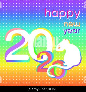 Happy New Year creative card, bright colorful banner, 2020 logo, icon, vector illustration. White rat, symbol of the year, sitting colorful numbers 20 Stock Vector