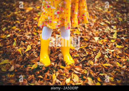 Yellow boots of little girl and fallen colorful leaves in autumn park . Stock Photo
