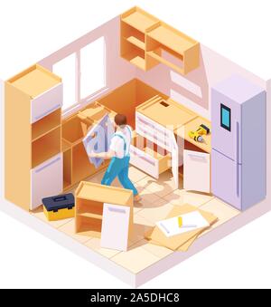 Vector isometric kitchen furniture installation Stock Vector