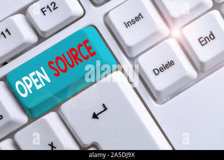 Handwriting text writing Open Source. Conceptual photo denoting software which original source code freely available White pc keyboard with empty note Stock Photo
