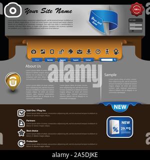 Website Template Design with Silver, Grey, Metallic Header and Web Design Elements - User Interface for Your Business Home Page or Blog Stock Vector