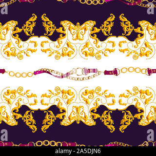Seamless Golden Chains and Belts Pattern. Repeat Antique Decorative Baroque for Decor, Fabric, Prints, Textile. with Dark Purple and White background. Stock Photo
