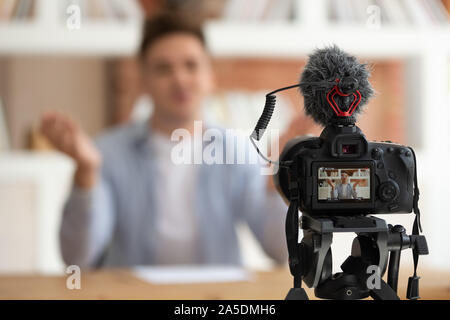 Close up professional digital equipment recording video blog of student Stock Photo