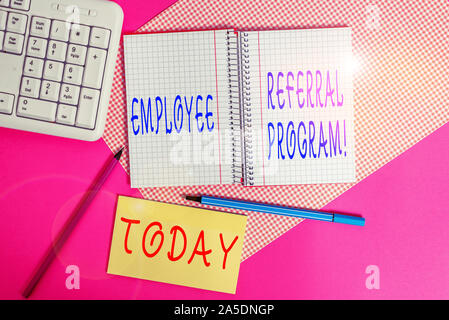 Text sign showing Employee Referral Program. Business photo text internal recruitment method employed by organizations Writing equipments and computer Stock Photo
