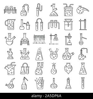 School chemical laboratory experiment icons set. Outline set of school chemical laboratory experiment vector icons for web design isolated on white background Stock Vector