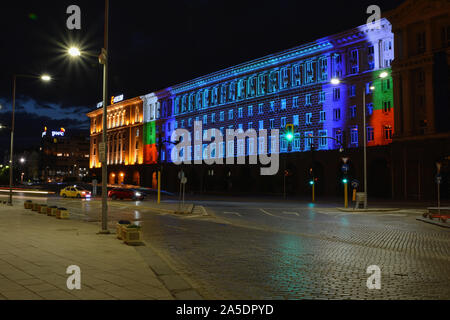 SOFIA, BULGARIA - MAY 8, 2018: Building of Council of Ministers in Sofia, Bulgaria. 3D Projection Mapping for the Day of Europe. Night view. Stock Photo
