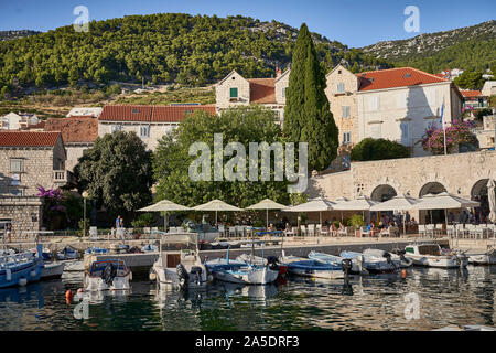 Bol marina with boats tied up in harbour, Brac, Croatia Stock Photo