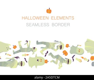 Seamless border of vector Halloween traditional symbols isolated on white background. Endless horizontal brush. Ghosts, mummies, candles, bats and pum Stock Vector