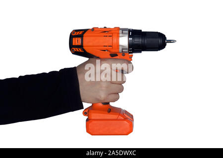 orange Drill in hand isolated on white background. tightening the screws Stock Photo