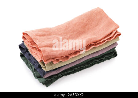 Textile napkins of various colors isolated on white background. Stacked photo Stock Photo