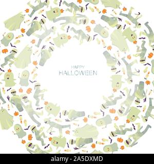 Vector Halloween party invitation or greeting card template. Traditional symbols. Creative frame, circle of flying ghosts, mummies, candles, bats and Stock Vector