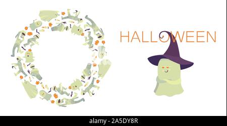 Happy Halloween. Set of vector frame, circle of flying ghosts, mummies, candles, bats and pumpkins isolated on white and slyly smiling ghost in a purp Stock Vector