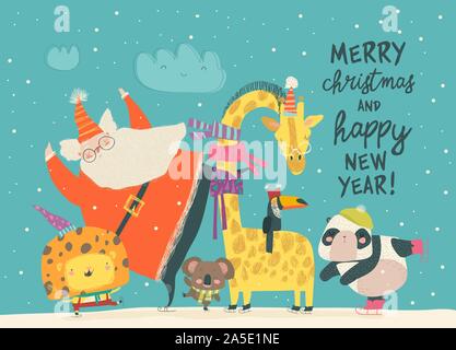 Santa Claus skating with lion, giraffe,panda and koala Stock Vector
