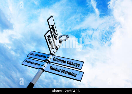 Global warming, climate change, pollution, weather, sustainability, conservation, sign, warning, concept, warnings, dangers, lifestyle, changes, Stock Photo