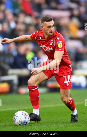 Wigan, UK. 20th Oct, 2019. Jack Robinson (18) of Nottingham Forest during the Sky Bet Championship match between Wigan Athletic and Nottingham Forest at the DW Stadium, Wigan on Sunday 20th October 2019. (Credit: Jon Hobley | MI News) Photograph may only be used for newspaper and/or magazine editorial purposes, license required for commercial use Credit: MI News & Sport /Alamy Live News Stock Photo