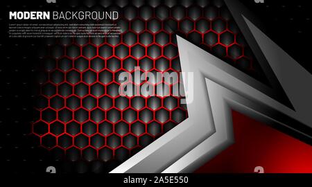 Black and gray shape background. Hexagon geometric pattern with red metal plates Stock Vector