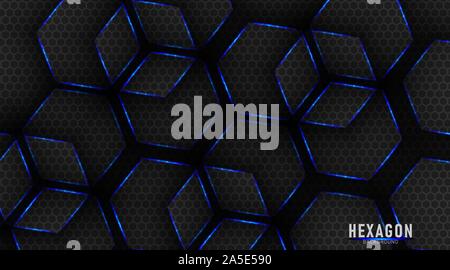 blue and black glossy metal hexagons tech background. Abstract vector design Stock Vector
